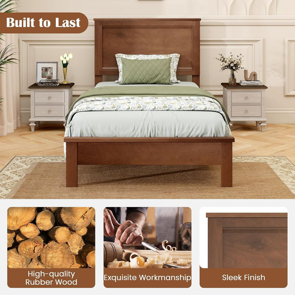 GOFLAME Twin Size Wood Bed Frame, Mid-Century Modern Platform Bed with Headboard, Solid Wood Legs, Mattress Foundation with 12 Wooden Slats, No Box Spring Needed, Walnut