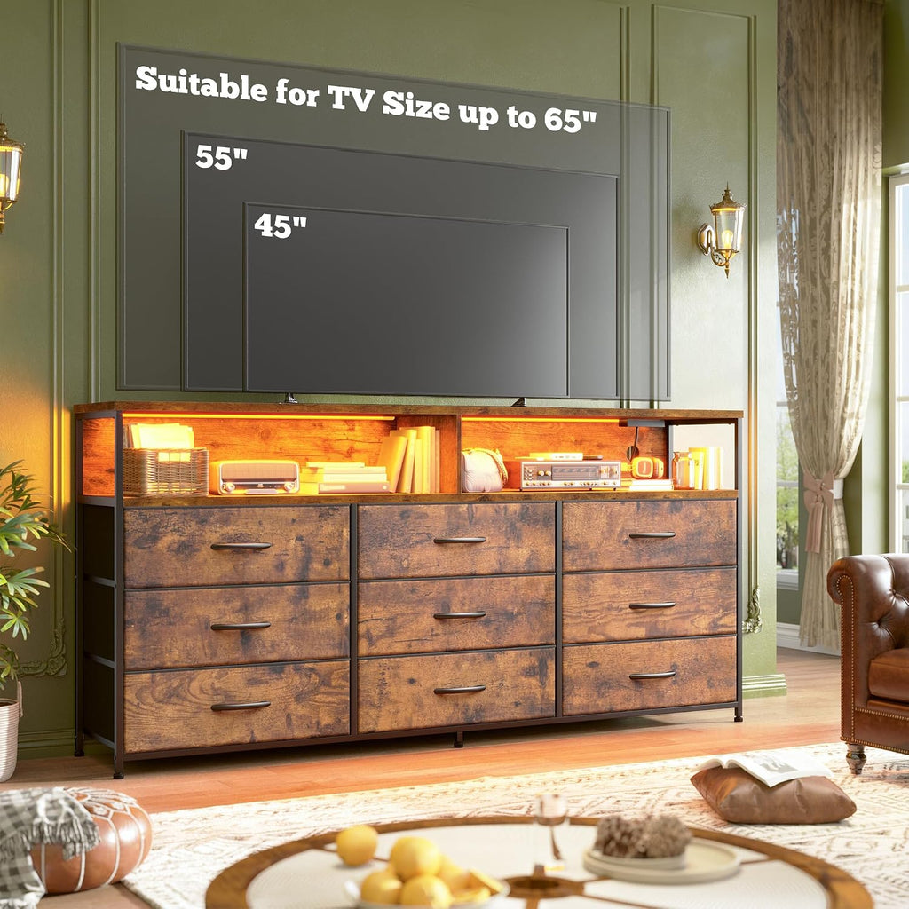 Romorgniz 55' W Dresser for Bedroom with 9 Drawers LED TV Stand with Power Outlets for 45, 55, 65 Inch TV Sturdy Long Chest of Drawers with Extra 2 Wooden Shelves Steel Frame Rustic Brown