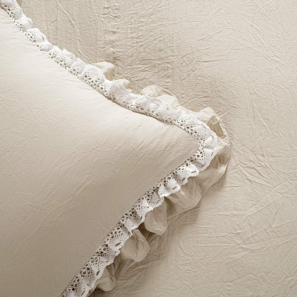 Lush Decor Ella Ruffle Lace Comforter, 3 Piece Set, Full/Queen, Neutral - Cute Comforter - Queen Bedding Set - Beige Bedding Full Size - Coquette Decor - Beige Lace Trim - Ruffle Trim