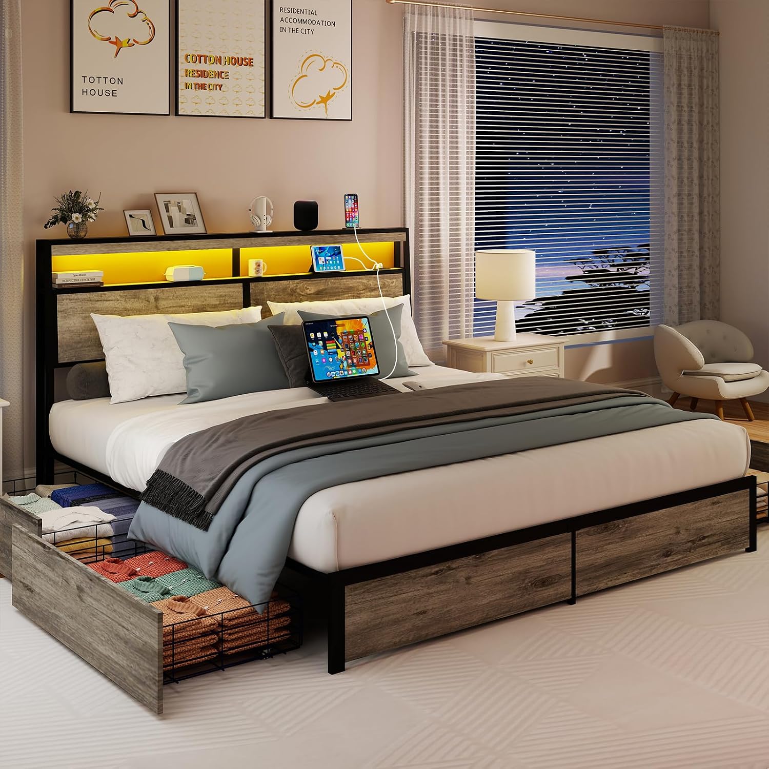SADENICEL King Size Bed Frame with Storage Headboard, Metal Platform King Bed Frame Wood with 4 Drawers, LED Light, Charging Station, No Box Spring Needed, Noise Free, Easy Assembly, Grey