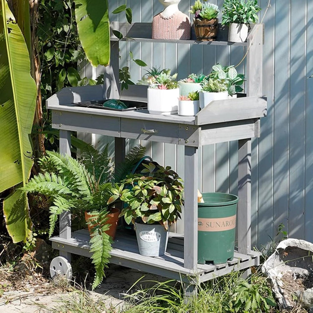 Potting Bench Table w/Wheels, Wood Garden Work Table with Sink, Drawer and Storage Shelves, Gardening Workstation for Yard Lawn Patio Indoor Outdoor Flower Plant Pot Bench