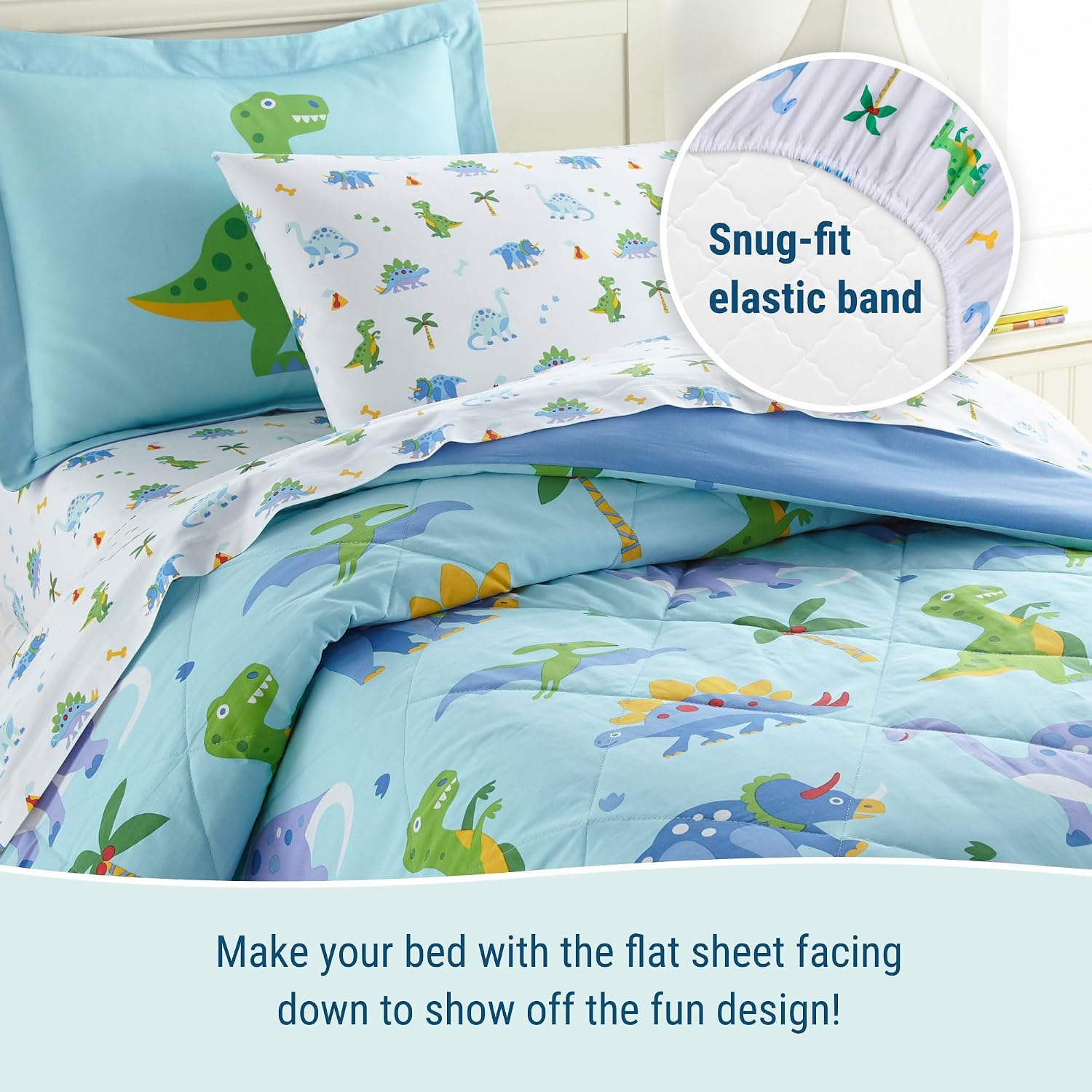 Wildkin 7-Piece Full Bedding Set – 100% Cotton Comforter, Sheets & Pillowcase for Cozy Cuddles (Dinosaur Land)