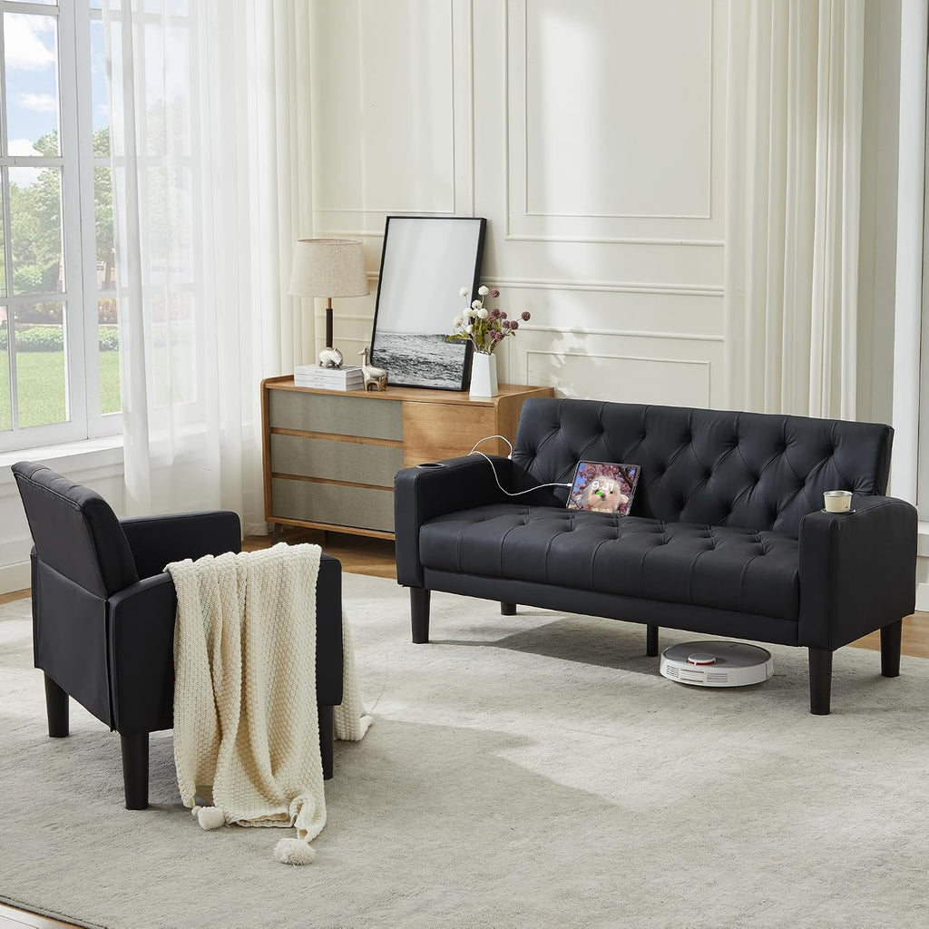 TYBOATLE Mid-Century Modern Tufted Black Faux Leather Loveseat Sofa Set w/ 2 USB & 2 Cupholders, 2 Piece Living Room Furniture Sets, Small Love Seat Couches for Small Space Apartment Bedroom Office