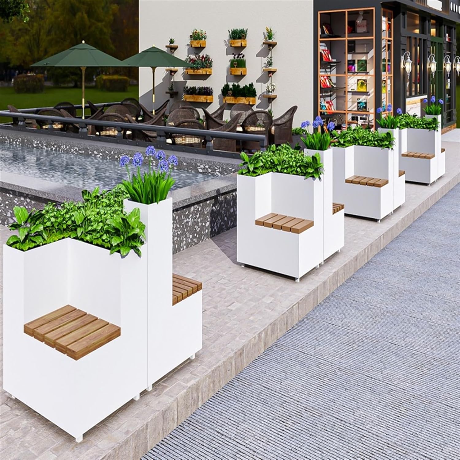 Bench with Planter Box, White Commercial Metal Flower Box Combination Iron Flower Box with 2 Anti-corrosion Wooden Benches, L 80cm*D 60cm*H 70cm Garden Bench