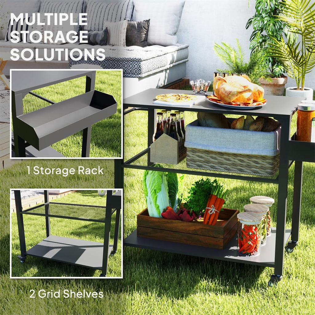 Heavy Duty Camping & Grill Cart with Wheels, 4-Tier Outdoor Serving Station, Stainless Steel Top Portable Kitchen Table for BBQ, Pizza Oven, or Potting Bench