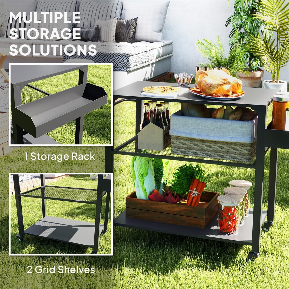 Heavy Duty Camping & Grill Cart with Wheels, 4-Tier Outdoor Serving Station, Stainless Steel Top Portable Kitchen Table for BBQ, Pizza Oven, or Potting Bench