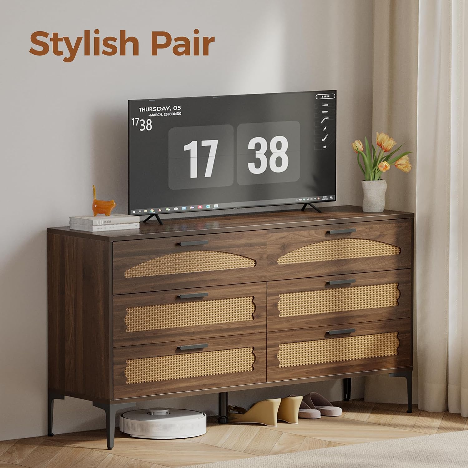 Mericonia 6 Drawer Double Dresser for Bedroom, Wood Rattan Dresser for Closet with Metal Legs, Boho TV Stand with Drawers, Dressers & Chests of Drawers for Bedroom, Hallway and Entryway, Walnut