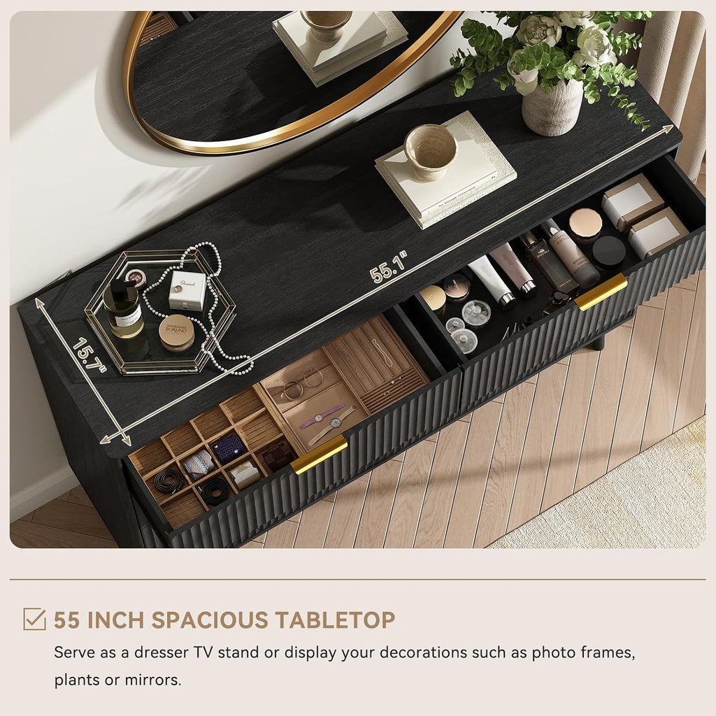 CARPETNAL Fluted 8 Drawer Dresser for Bedroom, 55' Wide Wooden Chest of Drawers with Rounded Corners, Gold Handles, Modern Storage Organizer for Bedroom, Hallway(Black)