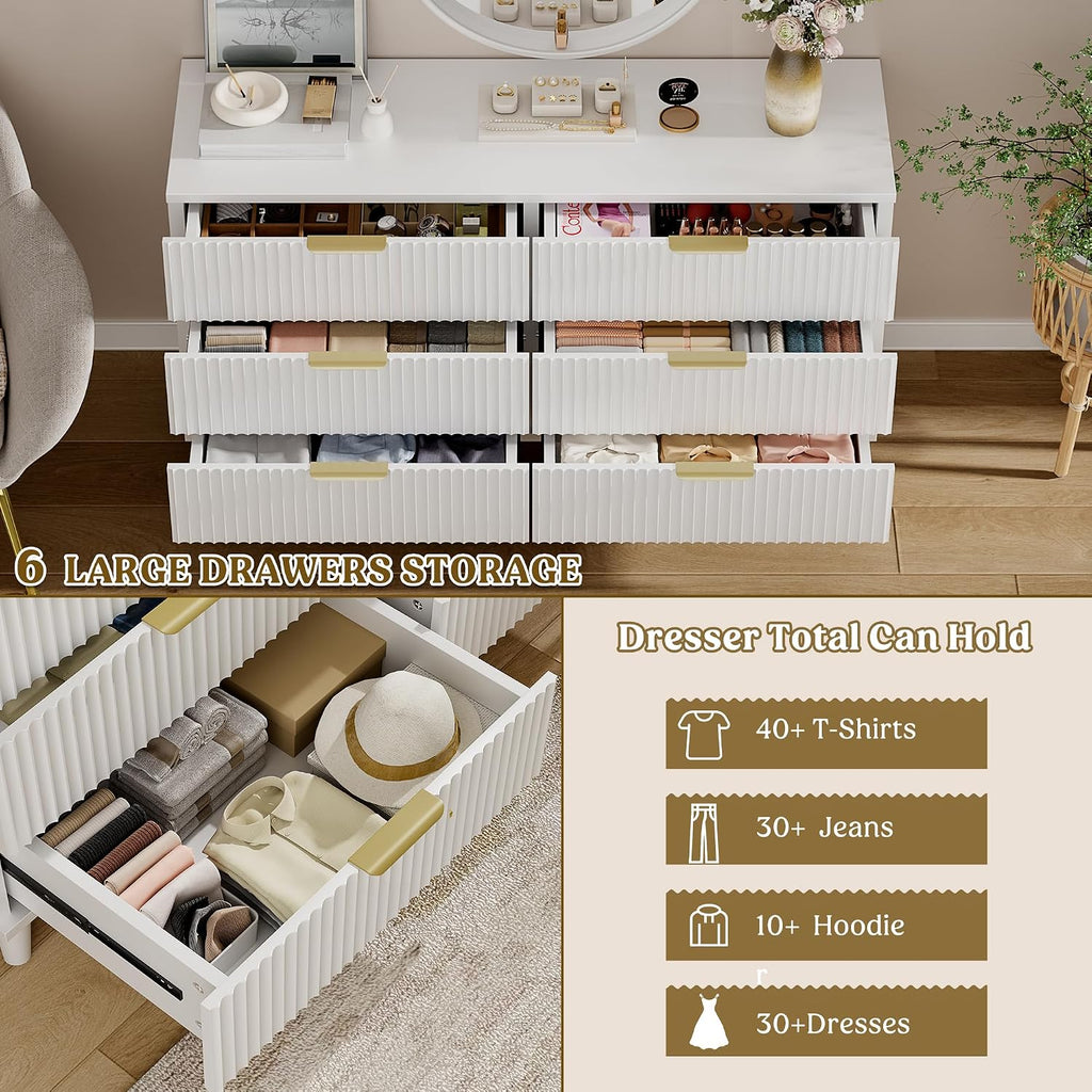 Lulive White Dresser for Bedroom Wood Dressers Chest of Drawers, Fluted 53.2' Wide Modern Long Dresser TV Stand 6 Drawers for Bedroom, Closet, Living Room, Hallway (White)