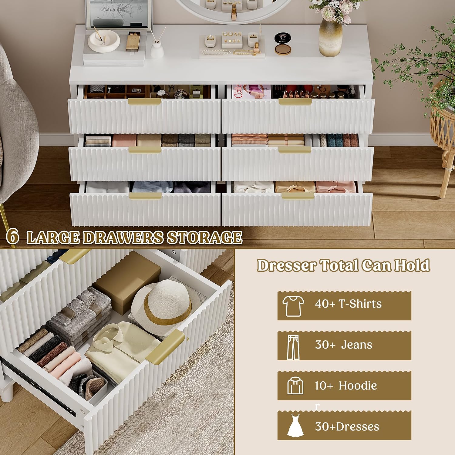 Lulive White Dresser for Bedroom Wood Dressers Chest of Drawers, Fluted 53.2' Wide Modern Long Dresser TV Stand 6 Drawers for Bedroom, Closet, Living Room, Hallway (White)