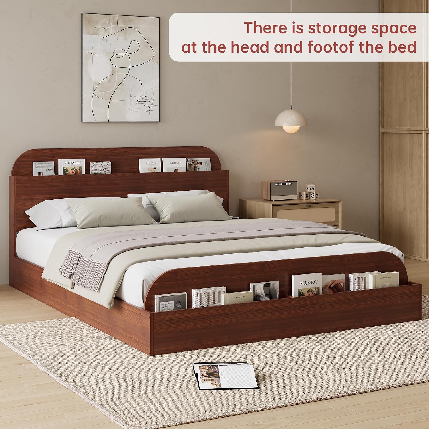 GarveeHome Full Size Bed Frame, Wooden Beds with Storage Headboard and Raised-Foodboard, Full-Floor Low Platform Bed for Bedroom, Sturdy Wooden Slats Support, No Box Spring Needed, Espresso