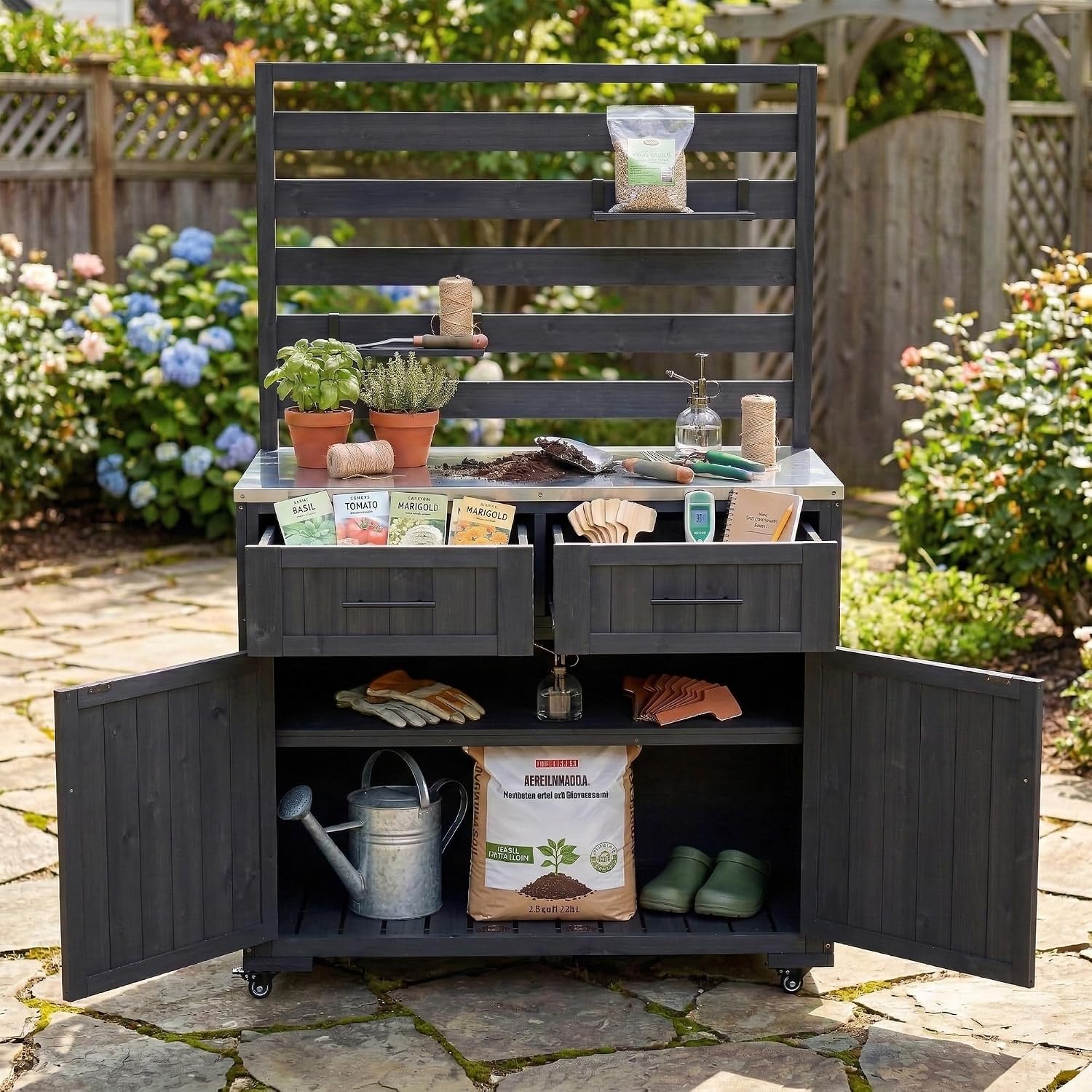 Merax 41.7'' W Patio Kitchen Island Solid Wood Kitchen Cart, Grill Prep BBQ Table, Garden Potting Bench with Stainless Table Top, 3 Movable Shelves and 2 Drawers,Black