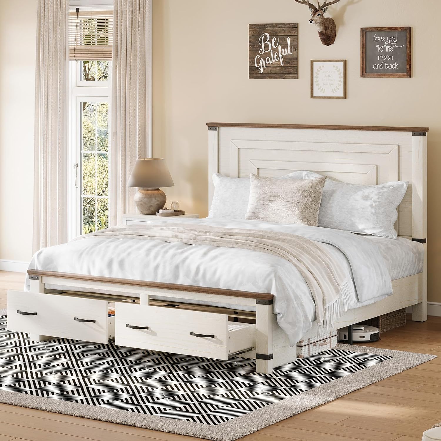 AMERLIFE Farmhouse Bedroom Furniture Set, Includes 2 Nightstands with Charging Station and 1 Full Wood Platform Bed Frame with Storage Drawers, Farmhouse Furniture for Bedroom, Rustic White