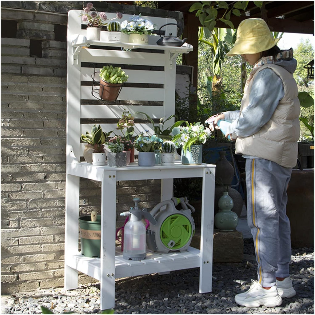 Potting Bench Garden Table for Outdoors Solid Wooden Work Station Gardening Bench Potting Table with Hooks (Color : White, Size : 90x45x165cm)