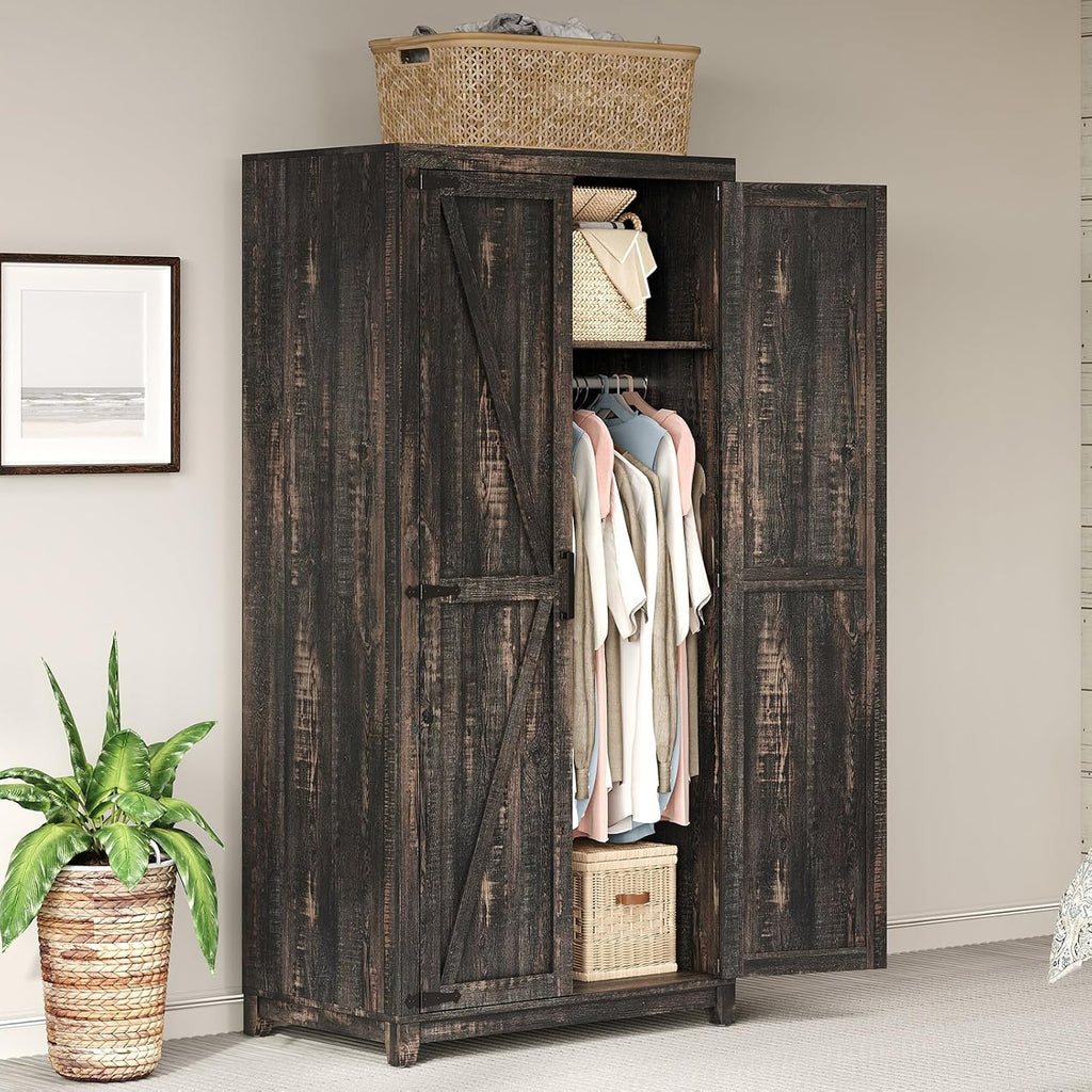 AMERLIFE Farmhouse Armoire Wardrobe Closet with 2 Barn Doors, 71'' Storage Cabinet with Hanging Rod & Shelf, Versatile Clothing Storage for Bedroom, Black Oak