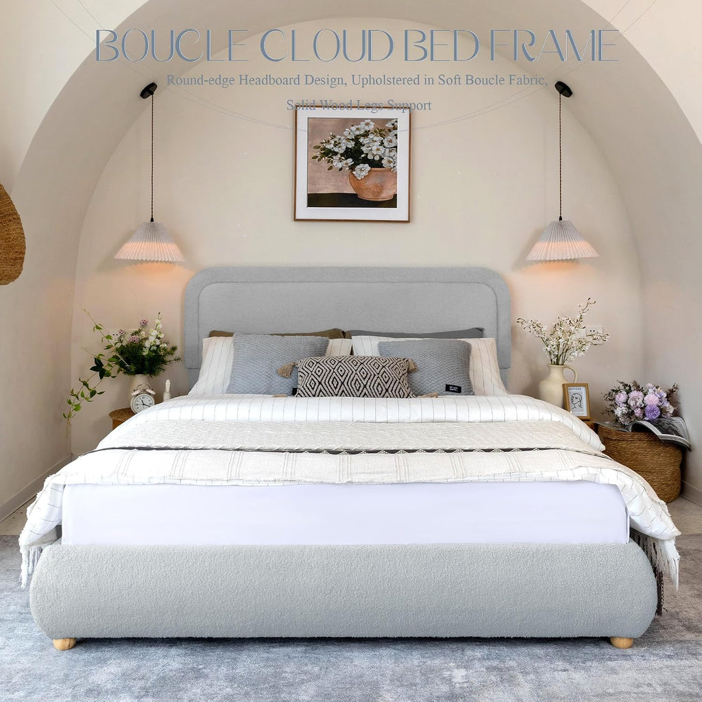 Yechen Boucle Cloud Full Bed Frame with Round Corner Headboard, Upholstered Soft Creamy Bedframe with Solid Wood Legs, Boho Fluffy Bed with Wooden Slats, Easy Assembly, No Box Spring Needed, Grey