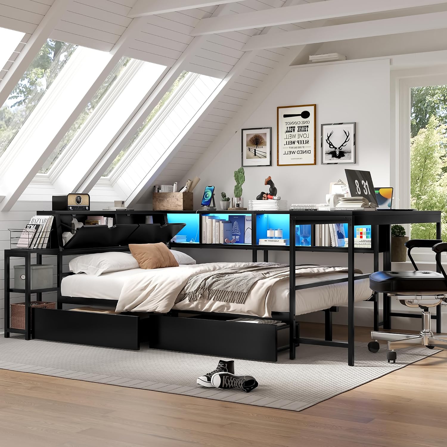 Bellemave Full Corner Bed Frame with Desk and Storage, Full Size Captains Bed with Charging Station and LED Light, Wood Daybeds with L-Shaped Bookcase and 2 Drawers, Black