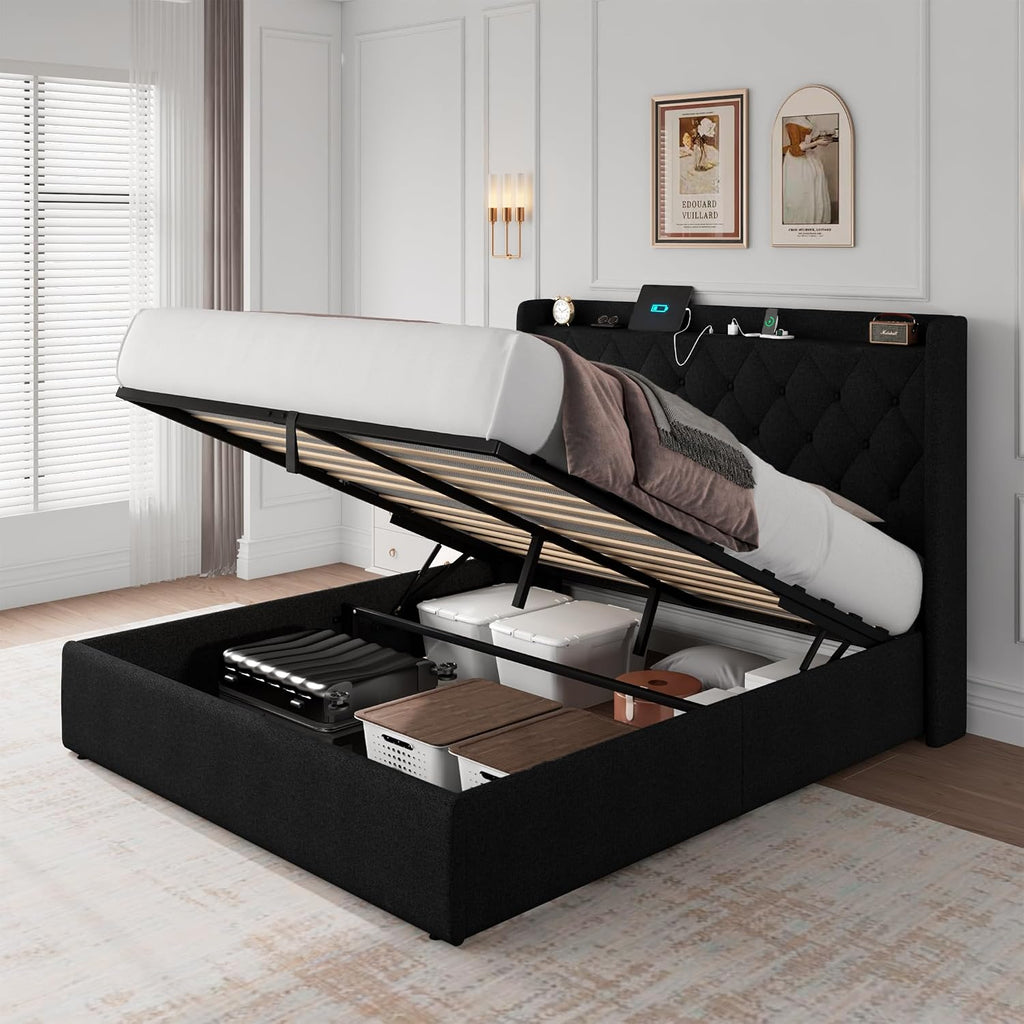 iPormis Full Size Lift Up Storage Bed Frame with Charging Station, Upholstered Platform Bed Frame with Linen Headboard, Hydraulic Storage, No Box Spring Needed, Noise-Free, Easy Assembly, Black