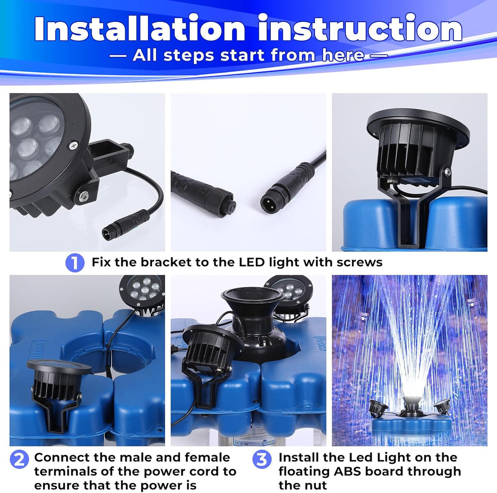 Pond Fountain Aerator with Led Lights RGB-15000 GPH,110V 1HP 750W Floating Fountain Aeration for Large Ponds,Aerating Fountain Pump for Outdoor Ponds & Lakes with 15A/100FT Power Cord