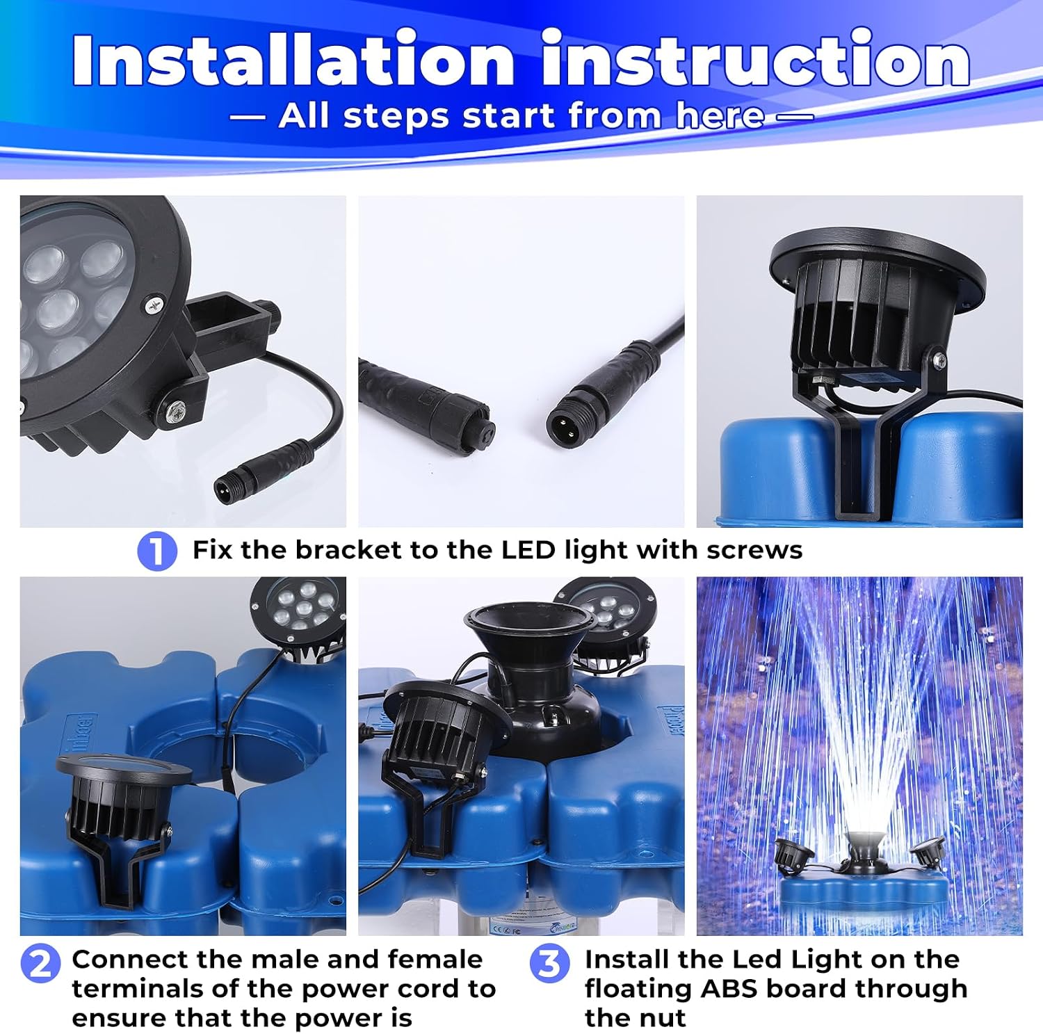 Pond Fountain Aerator with Led Lights RGB-15000 GPH,110V 1HP 750W Floating Fountain Aeration for Large Ponds,Aerating Fountain Pump for Outdoor Ponds & Lakes with 15A/100FT Power Cord