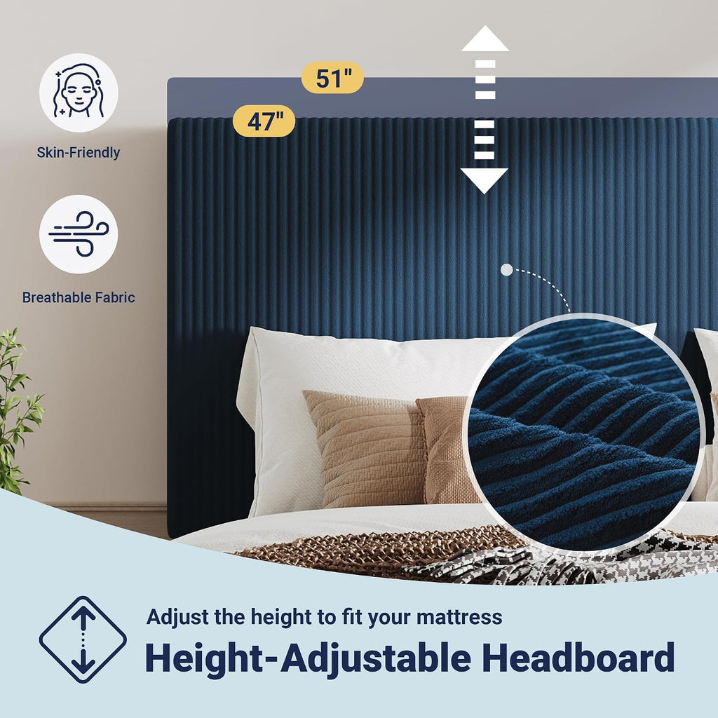 Allewie Full Size Upholstered Bed Frame with Vertical Channel Tufted Headboard, Soft Corduroy Fabric Platform Bed, Strong Wooden Slats Support, Easy Assembly, No Box Spring Needed, Dark Blue