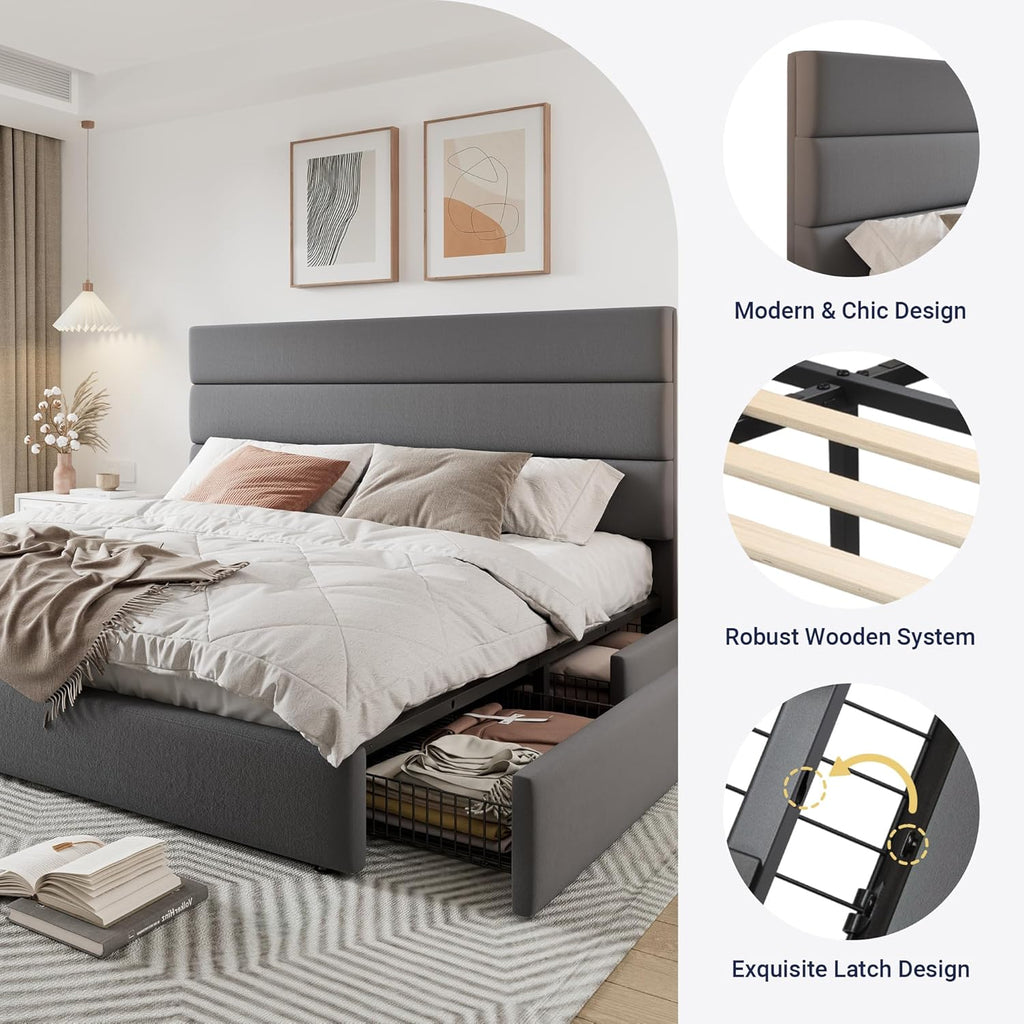 Allewie Modern Queen Size Platform Bed Frame with 4 Storage Drawers and Velvet Upholstered Headboard, Wooden Slats Support, Upholstered Mattress Foundation/No Box Spring Needed/Easy Assembly, Grey