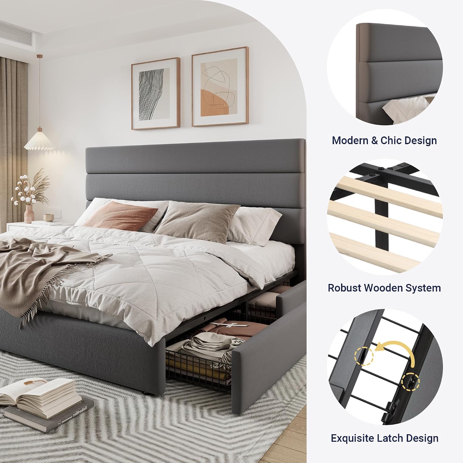 Allewie Modern Full Size Platform Bed Frame with 4 Storage Drawers and Velvet Upholstered Headboard, Wooden Slats Support, Upholstered Mattress Foundation/No Box Spring Needed/Easy Assembly, Grey
