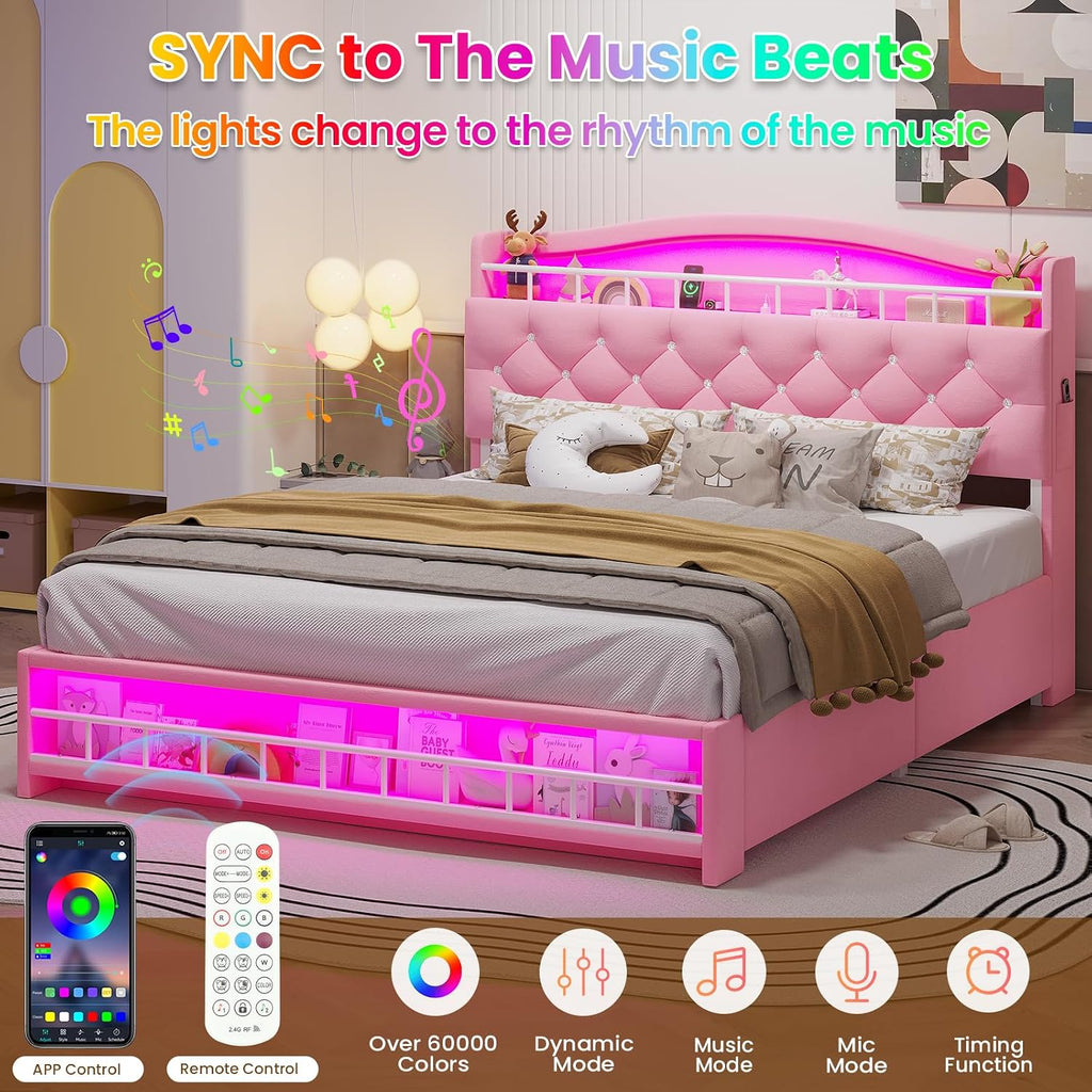 HAUOMS Full Size Bed Frame with LED Lights & 4 Drawers, Princess Velvet Upholstered Platform Bed for Girls, Headboard with Charging Station & Guardrail & Crystal Button, No Box Spring Needed, Pink