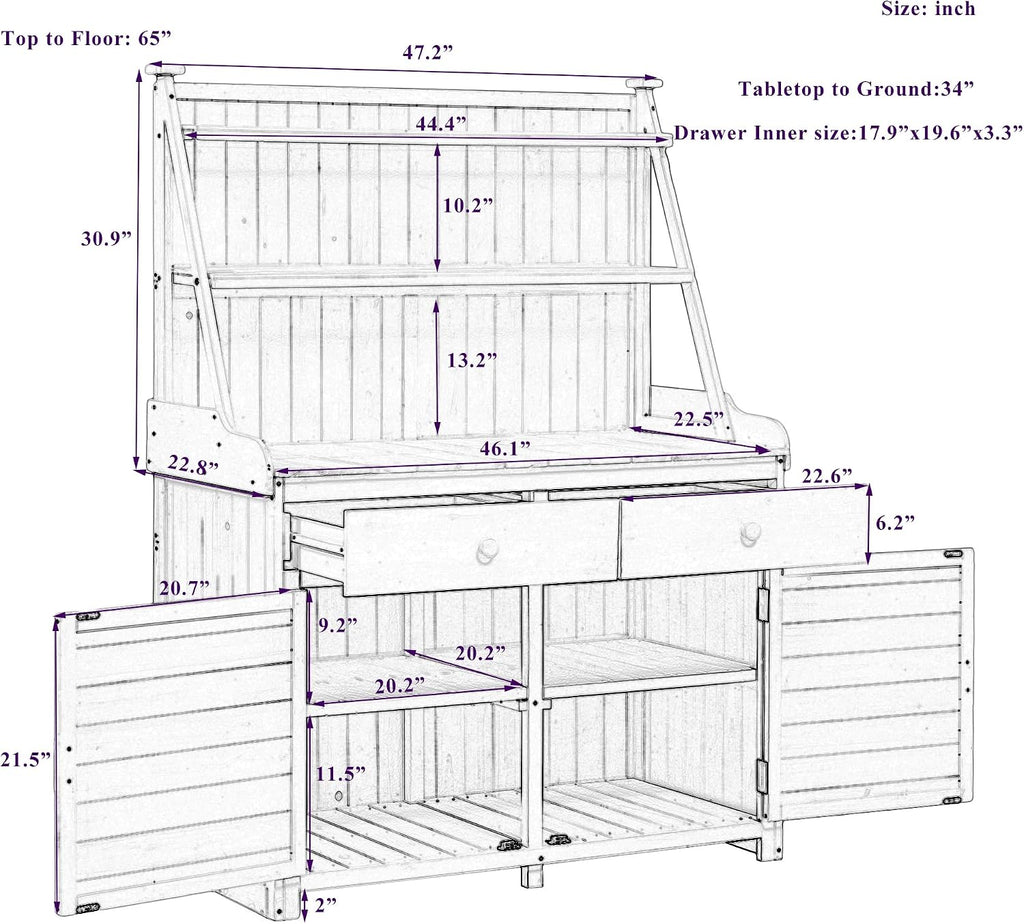 65inch Outdoor Potting Bench Table, Fir Wood Large Gardening Workstation with 2 Drawers, Cabinet and Open Storage Shelves for Garden, Patio and Backyard (Gray, 65inch)