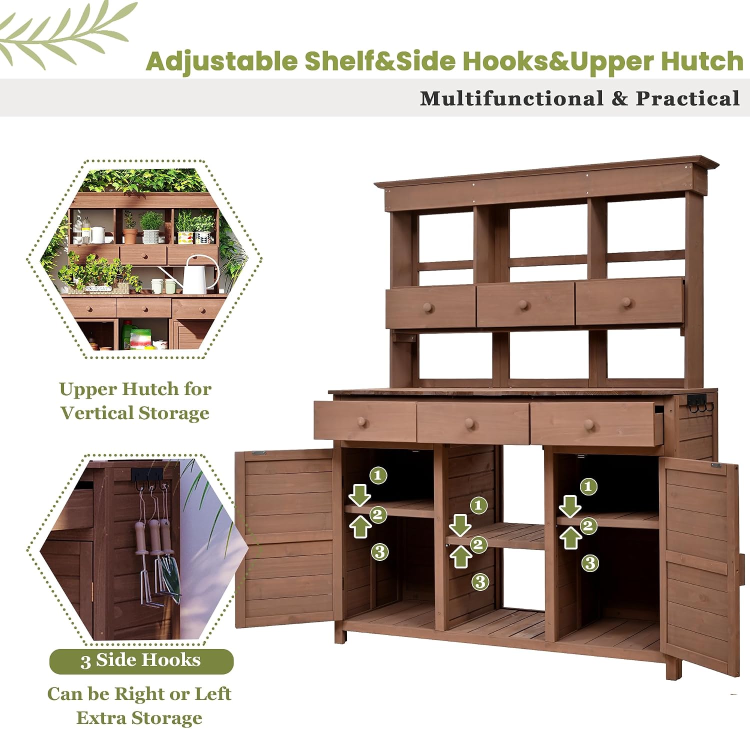 Outdoor Wooden Potting Bench Table, 65.7'' H Tall Fir Wood Workstation with 3 Shelves,6 Drawers and 2 Bottom Cabinets, Large Golden Table with Side Hooks for Patio, Backyard, Mudroom, Brown