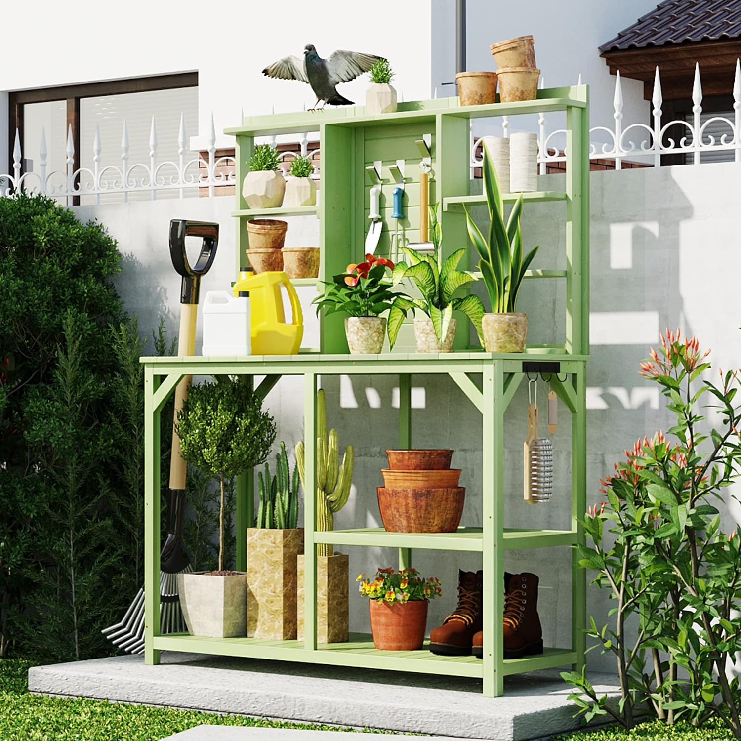 64.6' Outdoor Large Potting Bench Table,Wood Workstation with 6-Tier Shelves and Large Tabletop,Backsplash and Side Hook,for Mudroom Backyard Garden Patio (Green@Shelves)