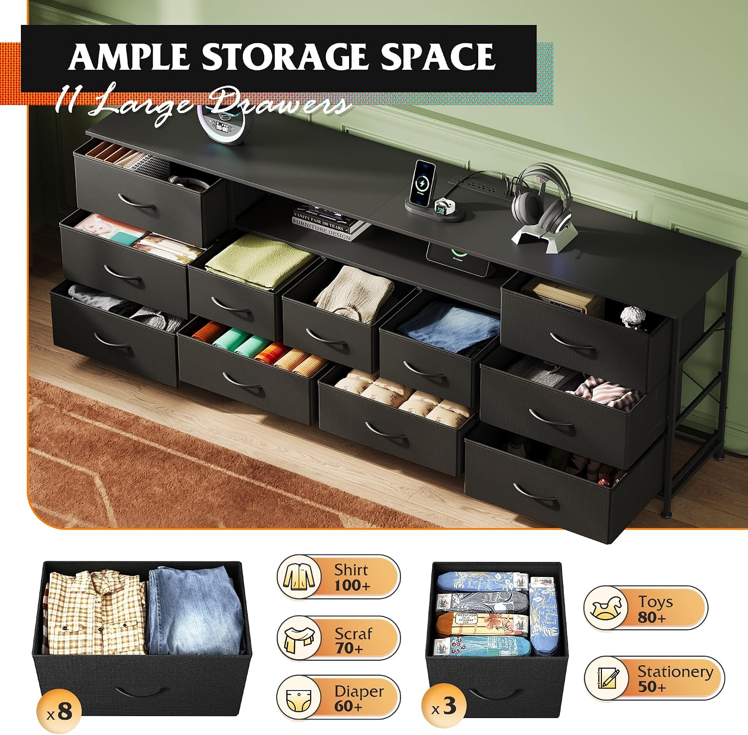 WLIVE 75.5' TV Stand for 65, 75, 80, 85 Inch TV, Dresser for Bedroom with Power Outlets & LED Lights, 11 Drawer Fabric Dresser with Open Shelves, Entertainment Center with Storage, Black