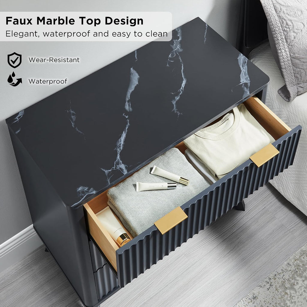 T4TREAM Fluted 3 Drawer Dresser, 32' Tall Modern Chest of Drawers with Faux Marble Top, Curved Profile Design, Wood Drawer Organizer for Bedroom, Living Room, Hallway, Entryway, Dark Grey