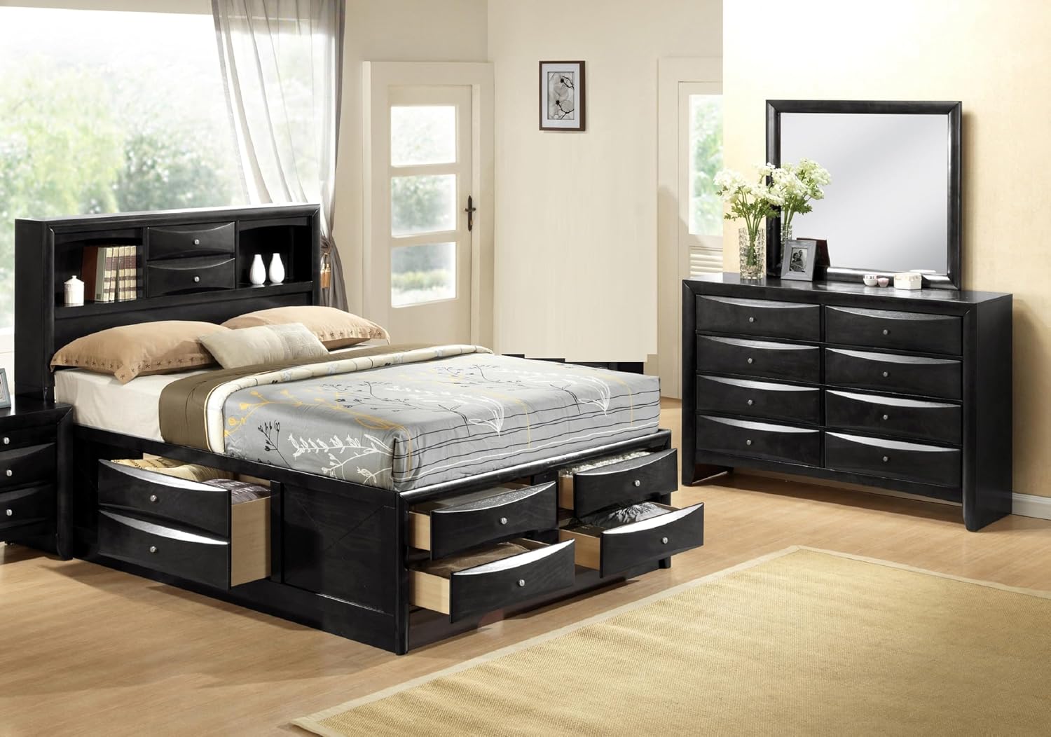 3pc Bedroom Set Black Finish Solid Wood Platform King Size Captain's Bed Wooden Furniture