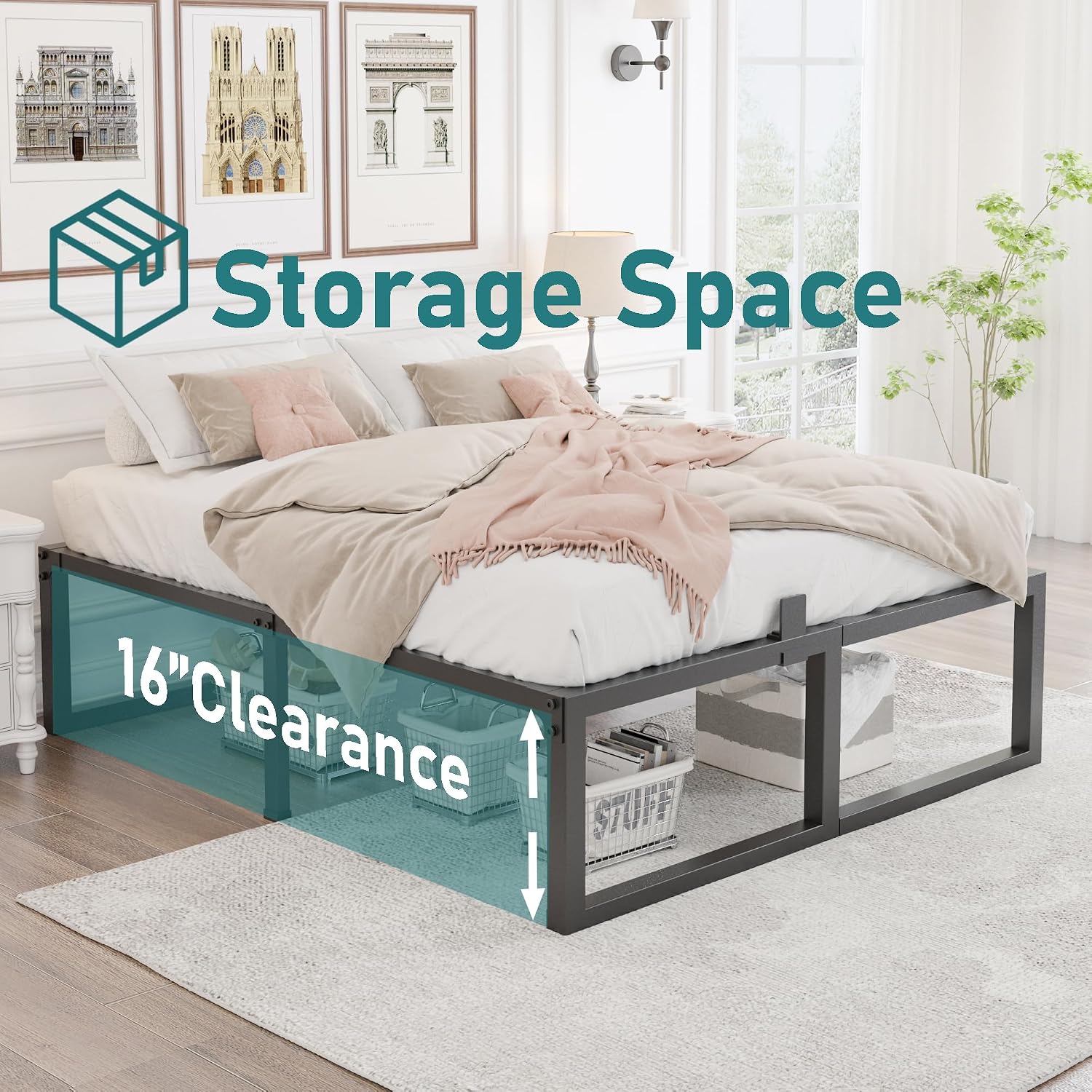 Yitong Angel King Bed Frame, 18 Inch High 3500 lbs Metal Platform, Mattress Foundation with Steel Slat Support/No Box Spring Needed/Noise Free/Non-Slip/Easy Assembly