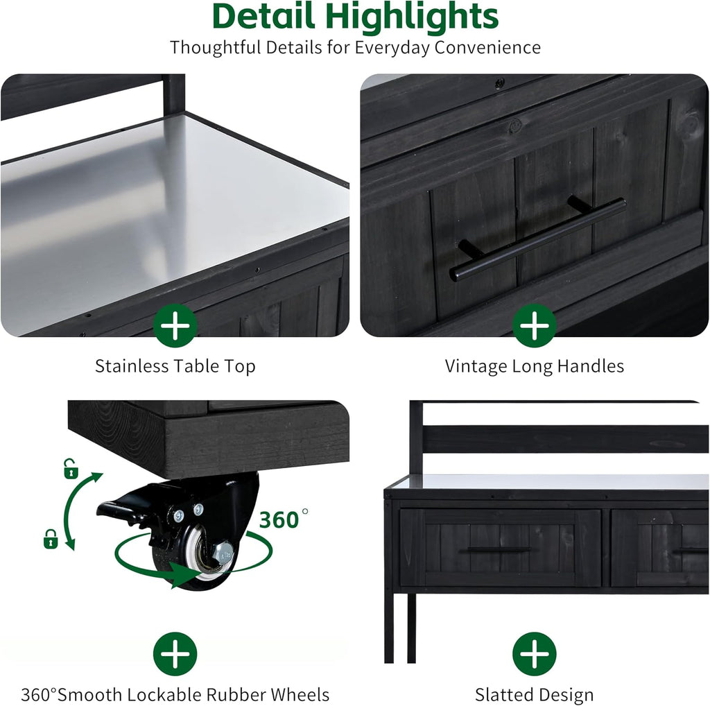 62.3'' Patio Kitchen Island Cart with Stainless Table Top,Solid Wood Garden Potting Bench with Raised Shelf and Drawers, Grill Prep Table for BBQ, Party (Black-PK)