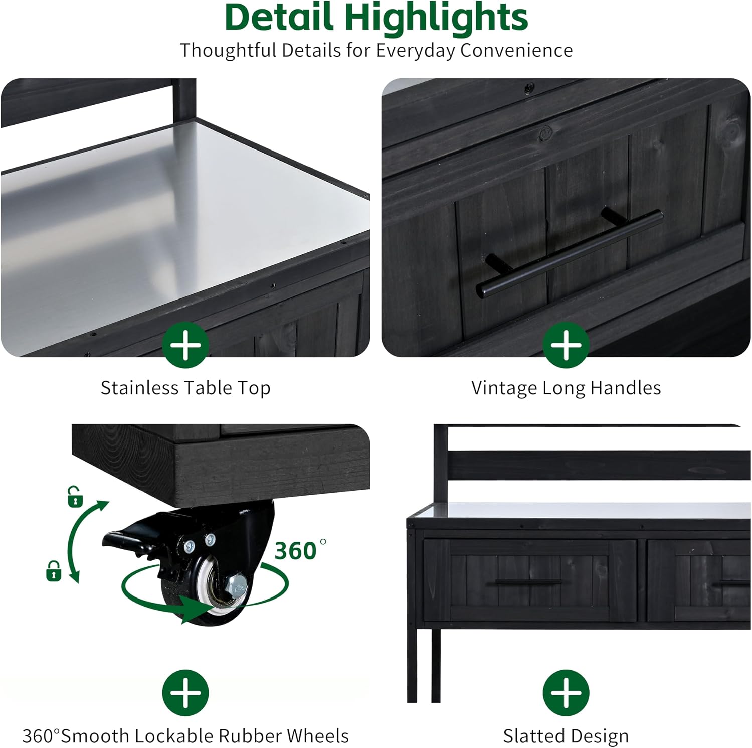 62.3'' Patio Kitchen Island Cart with Stainless Table Top,Solid Wood Garden Potting Bench with Raised Shelf and Drawers, Grill Prep Table for BBQ, Party (Black-PK)