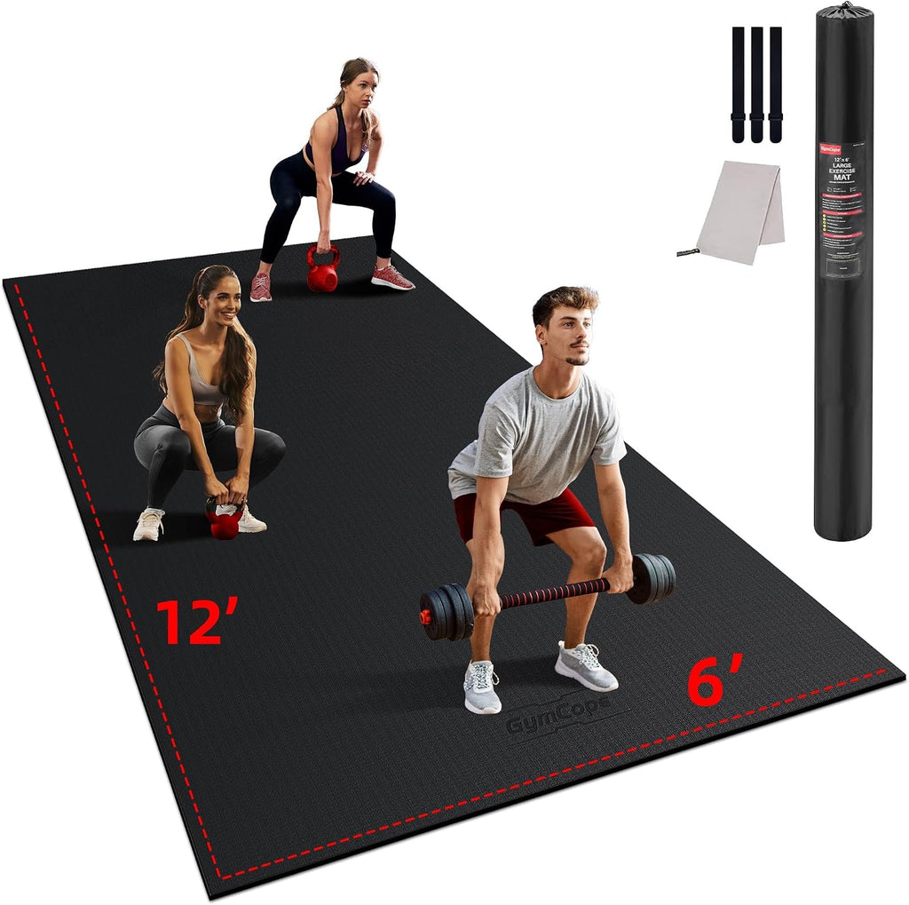 GymCope Large Exercise Mat for Home Workout,12'x6'/10'x6'/9'x6'/8'x6'/7'x5'/6'x4' (7mm) Extra Thick Workout Mat, High-Density Gym Mat for Cardio, Jump Rope, MMA, Weights (Shoe-Friendly)