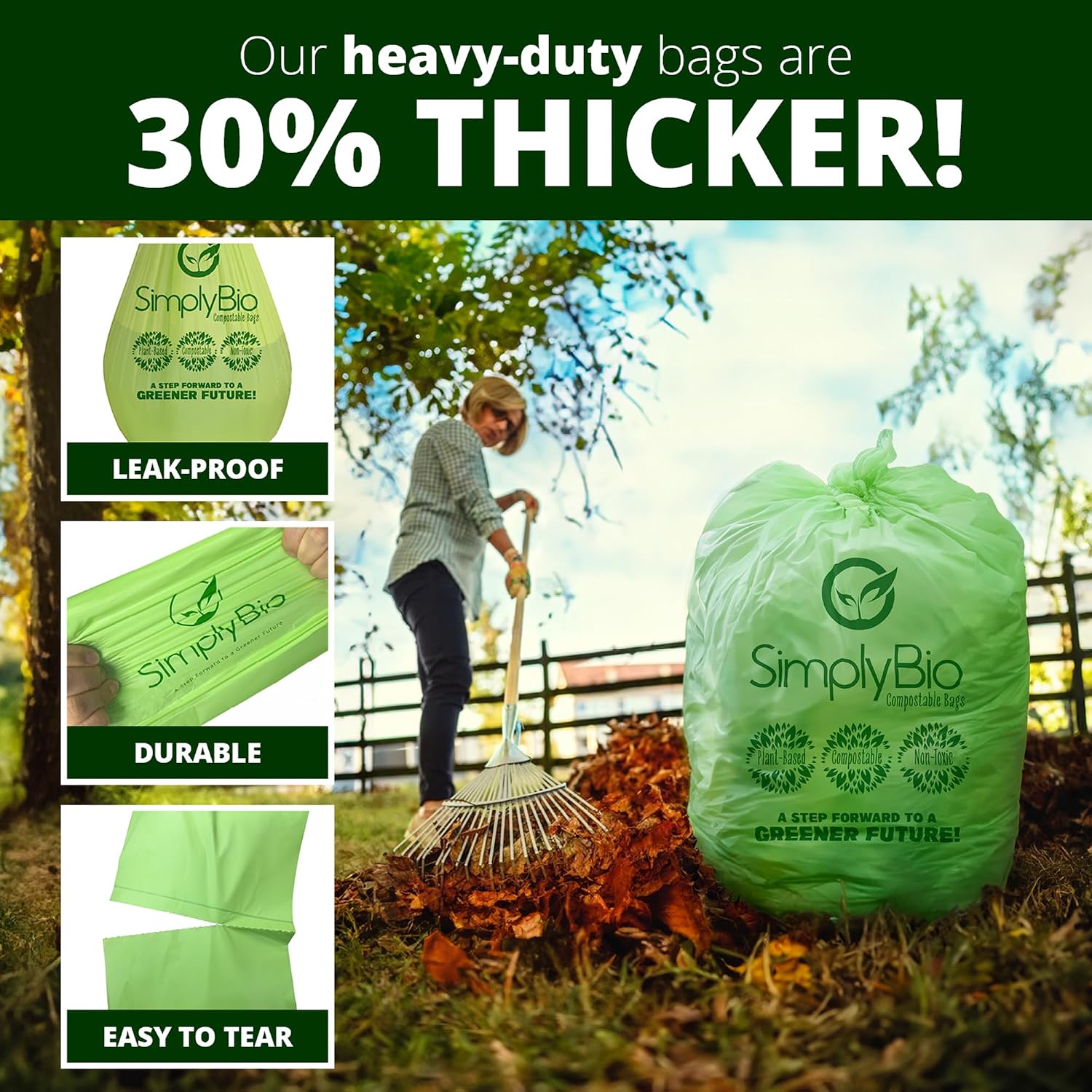 Simply Bio 56-60 Gallon Compostable Trash Bags Liners Flat-Top, Heavy Duty Extra Thick 2 Mil, 227.12 Liter, 80 Bags, Lawn, Yard, and Restaurant Use, ASTM D6400, US BPI, OK Compost Home Certified