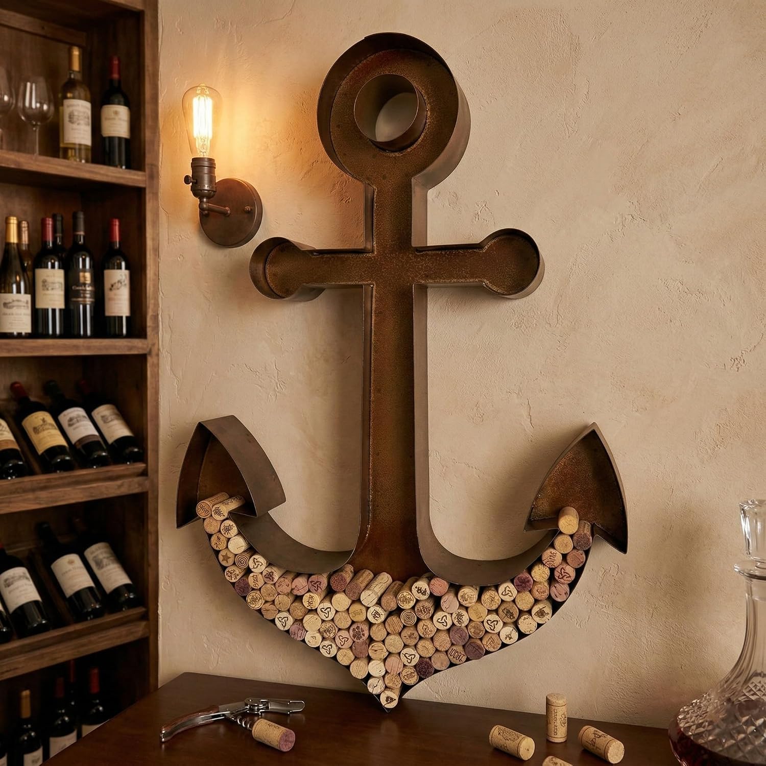 NEONSİGN Anchor Wine Cork Holder Sign Wall Decor – Nautical Metal Wall Art for Kitchen, Bar, or Dining Room (Black, 36x25 inches)