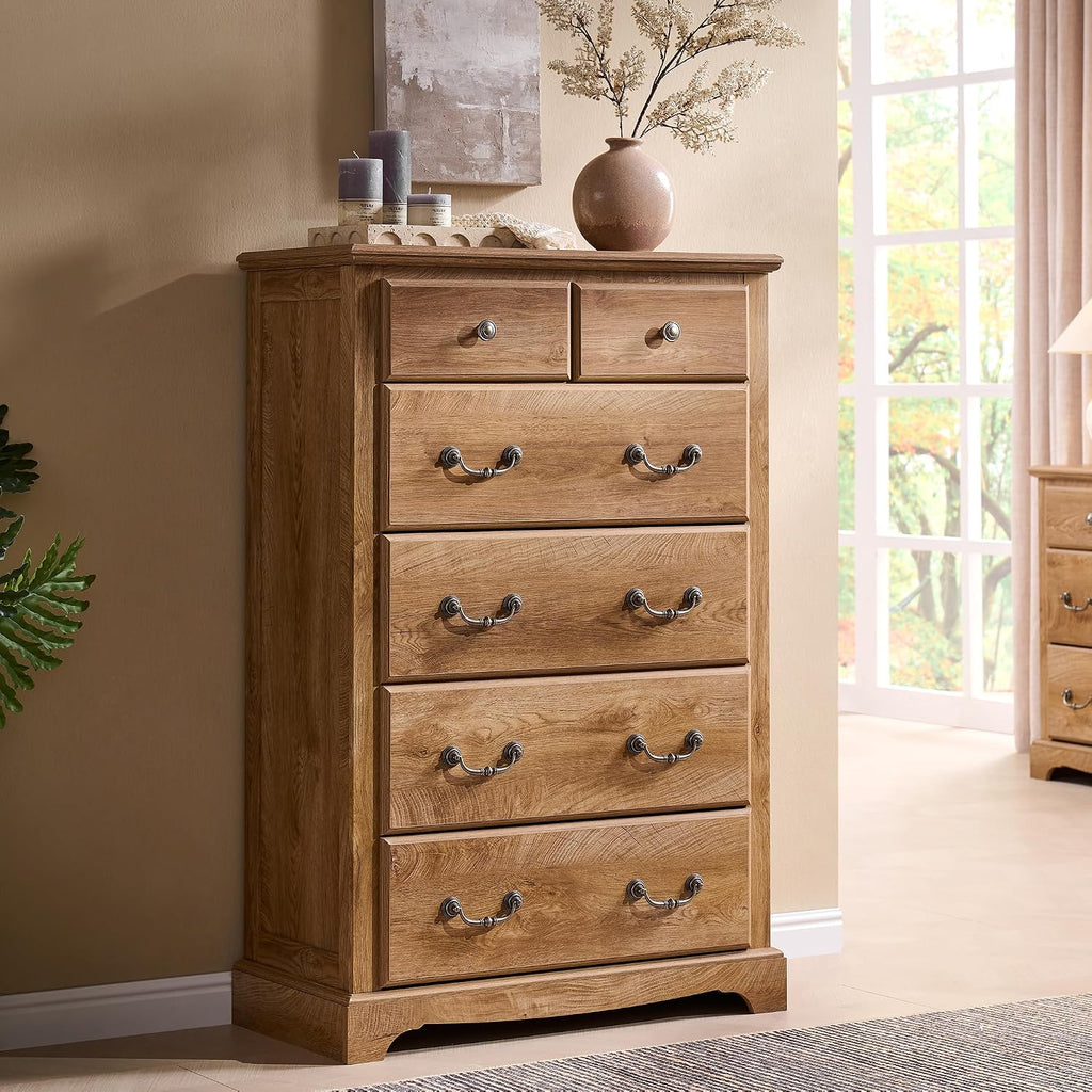 T4TREAM 48' Tall 6 Drawers Dresser Chests for Bedroom, Rustic Chset of Drawers, Wood Dressers Organizer for Bedroom, Living Room,Hallway, Light Knotty Oak