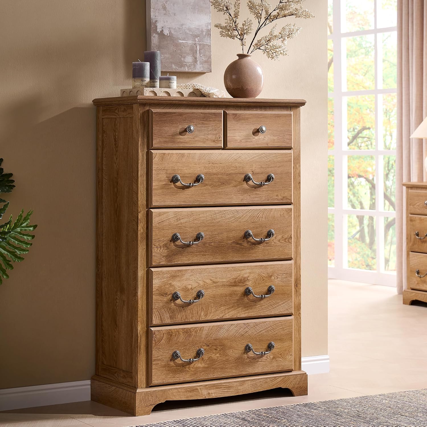 T4TREAM 48' Tall 6 Drawers Dresser Chests for Bedroom, Rustic Chset of Drawers, Wood Dressers Organizer for Bedroom, Living Room,Hallway, Light Knotty Oak