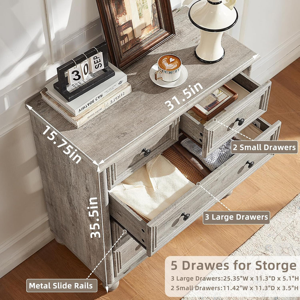 RWYHG Farmhouse 5 Drawer Dresser for Bedroom, 35.5' Tall Small Dressers & Chest of Drawers, Rustic Wood Dresser with Roman Column, Storage Organizer for Living Room, Hallway, Closet (Grey)