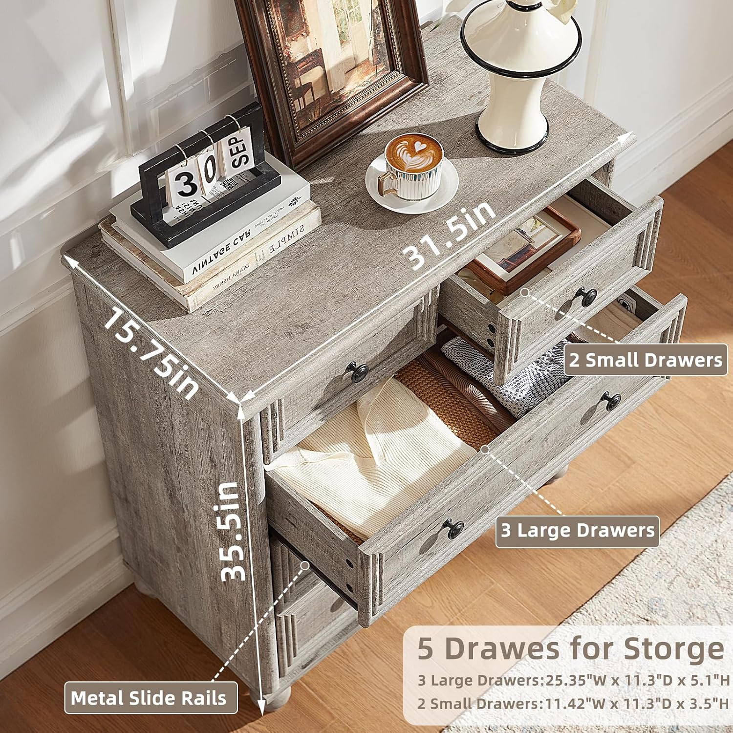 RWYHG Farmhouse 5 Drawer Dresser for Bedroom, 35.5' Tall Small Dressers & Chest of Drawers, Rustic Wood Dresser with Roman Column, Storage Organizer for Living Room, Hallway, Closet (Grey)