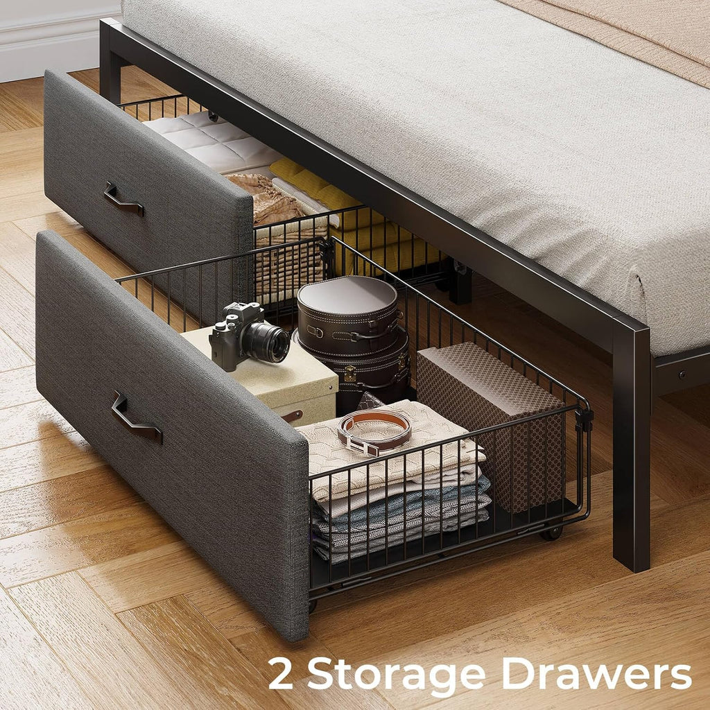Rolanstar Bed Frame Queen Size with Drawers and Charging Station, Upholstered Platform Bed with Storage Headboard and LED Light, Heavy Duty Metal Frame Support, No Box Spring Needed, Noise Free, Grey