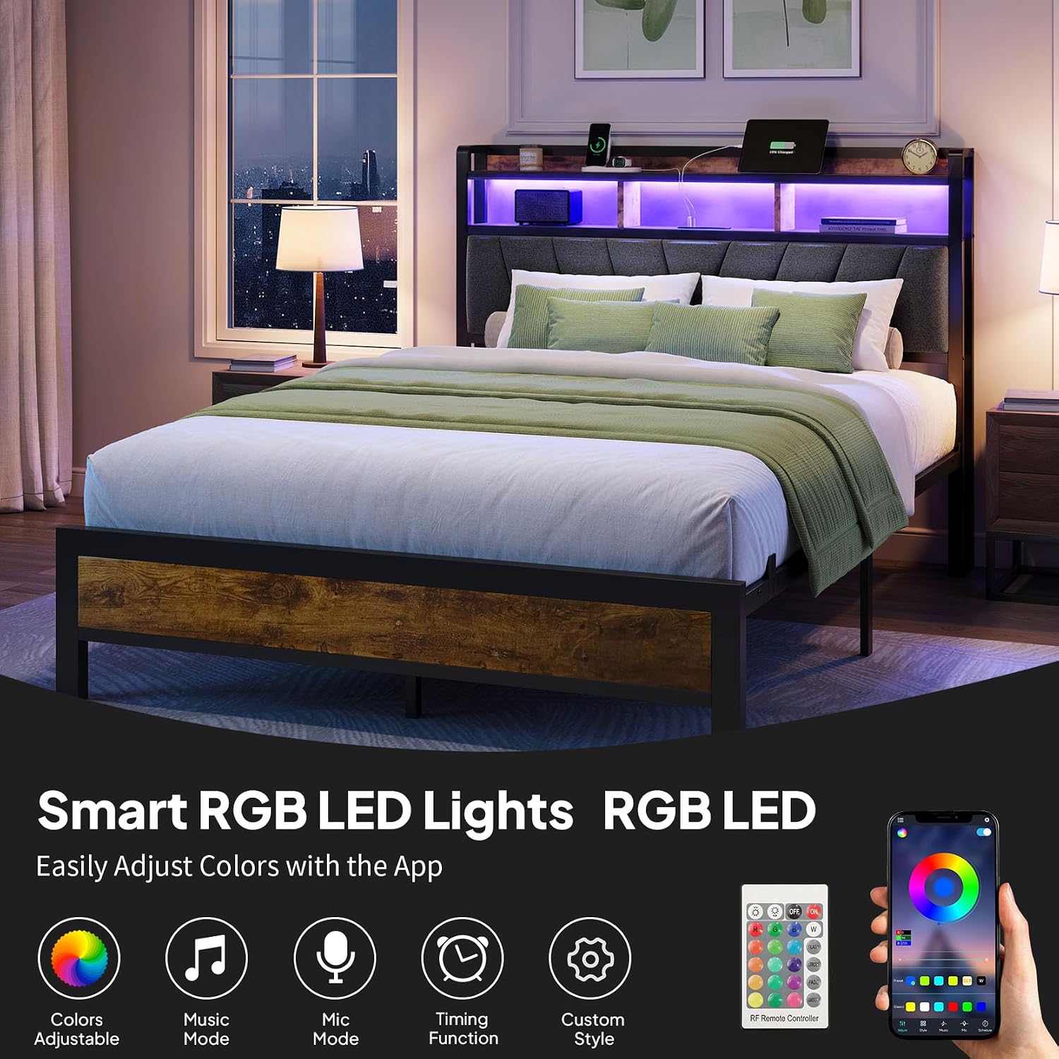 Welzona Full Size Bed Frame with Charging Station, LED Bed with Upholstered Storage Headboard, Solid and Stable, Noise Free, No Box Spring Needed, Easy Assembly, Vintage Brown