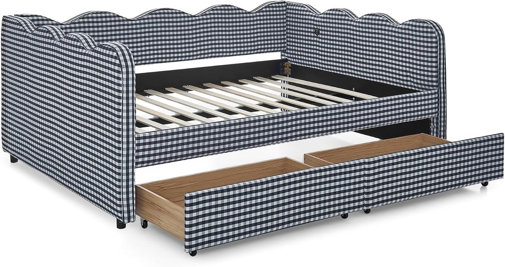 DEINPPA Full Size Upholstered Daybed with 2 Storage Drawers, Gingham Daybed with USB Ports for Bedroom Living Room Guest Room-Navy