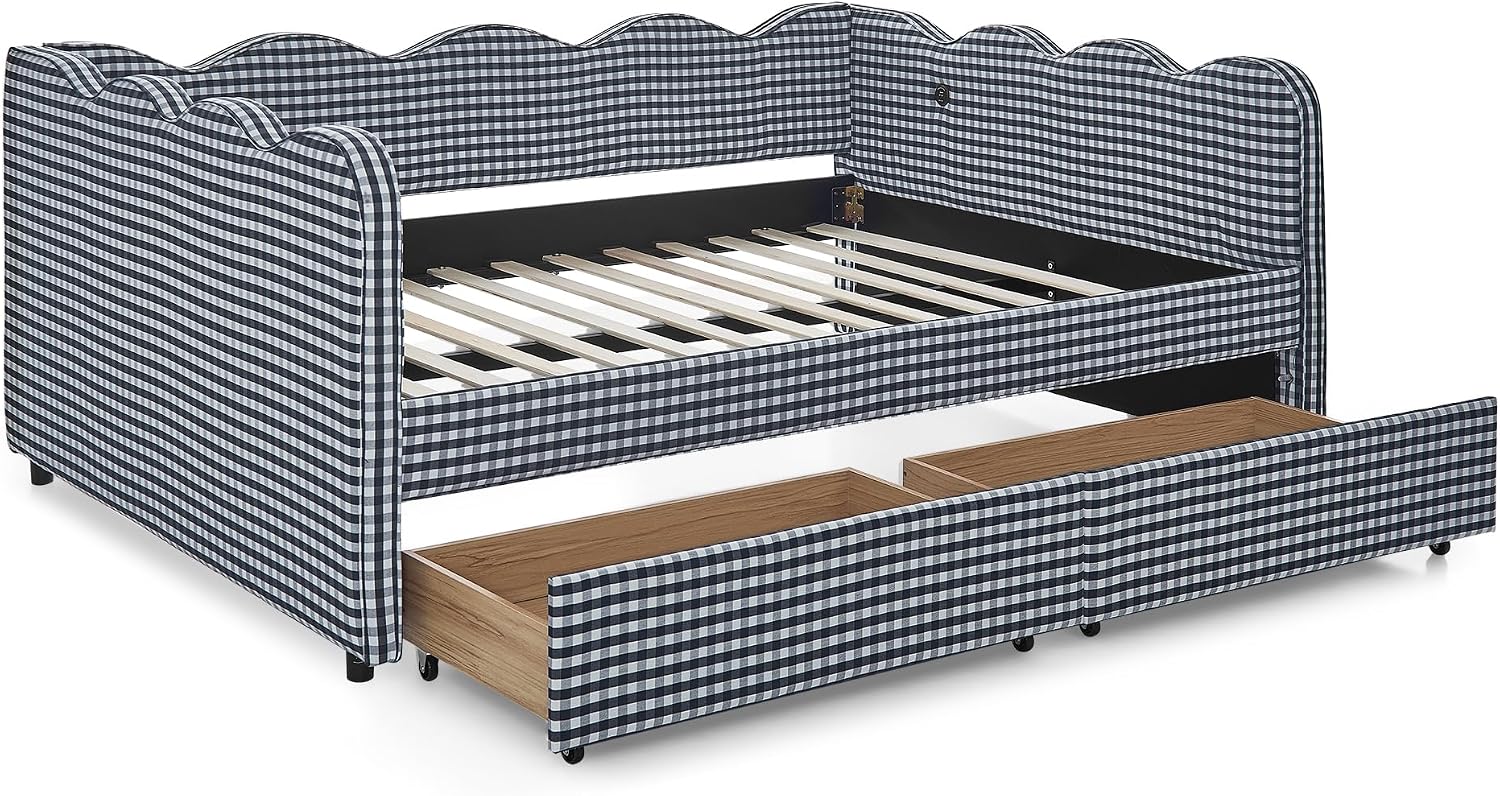 DEINPPA Full Size Upholstered Daybed with 2 Storage Drawers, Gingham Daybed with USB Ports for Bedroom Living Room Guest Room-Navy