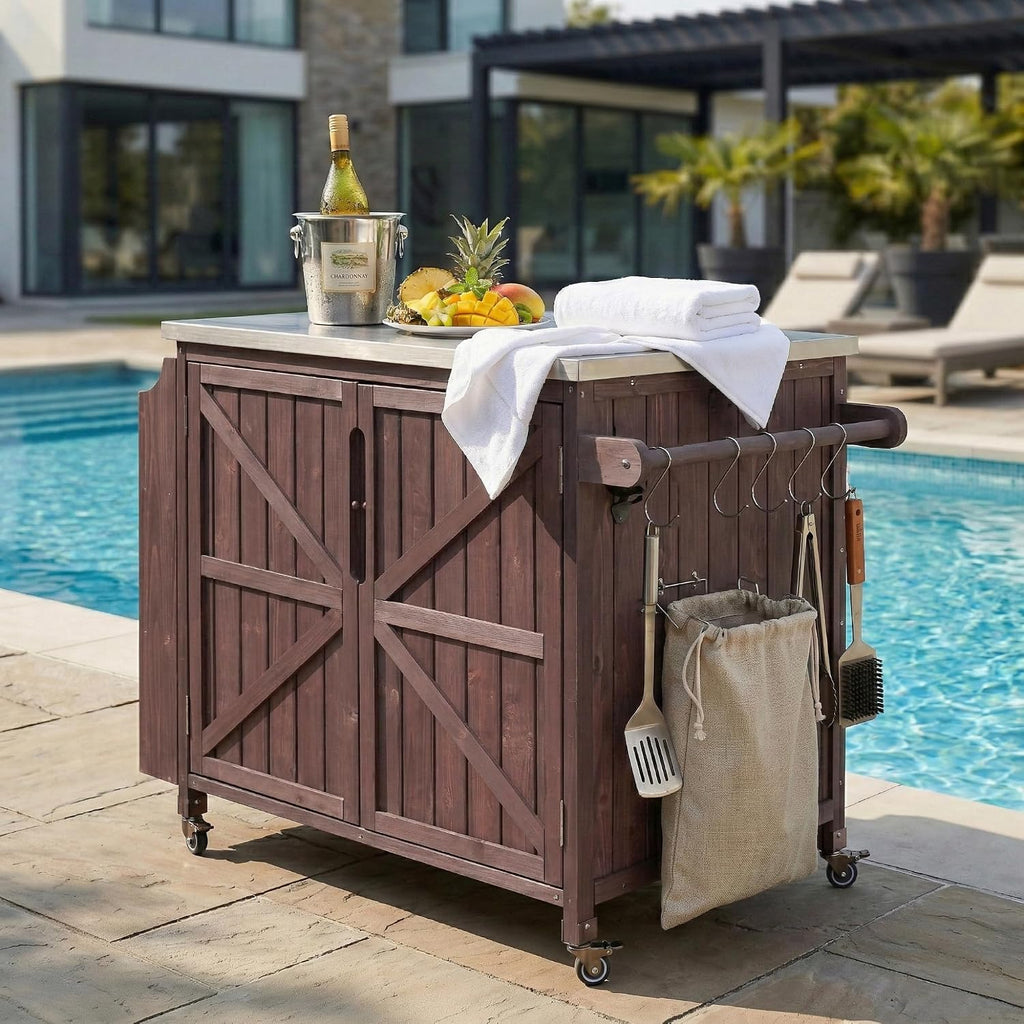 42.1' Outdoor Kitchen Island with Side Shelf,Patio Grill Cart with Storage,Stainless Steel Top, Adjustable Shelf and 4 Wheels,for Pizza Prep (Dark Brown-P)