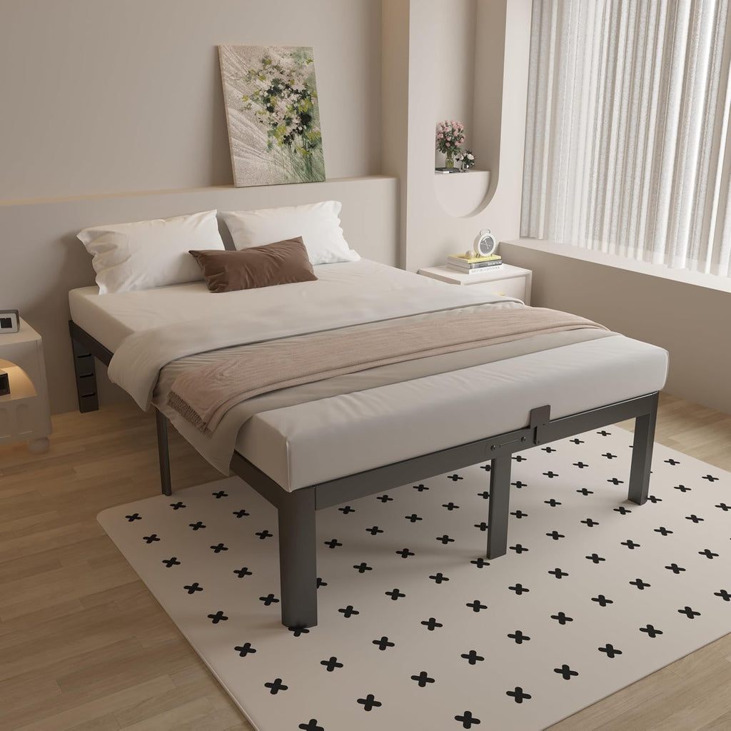 16 Inch Bed Frame Queen Size with Metal Gaskets, Black Queen Platform Bed Frame No Box Spring Needed, Heavy Duty Steel Support, Round Corner Design, Storage Space, Noiseless, Easy Assembly